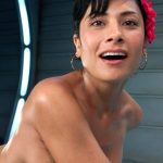 Curvy butted babe Beretta James bends and takes dildo from a fuck machine