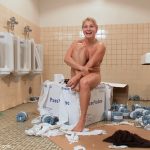 Stunning pornstar Lea Lexis gets gangbanged on a public bathroom floor